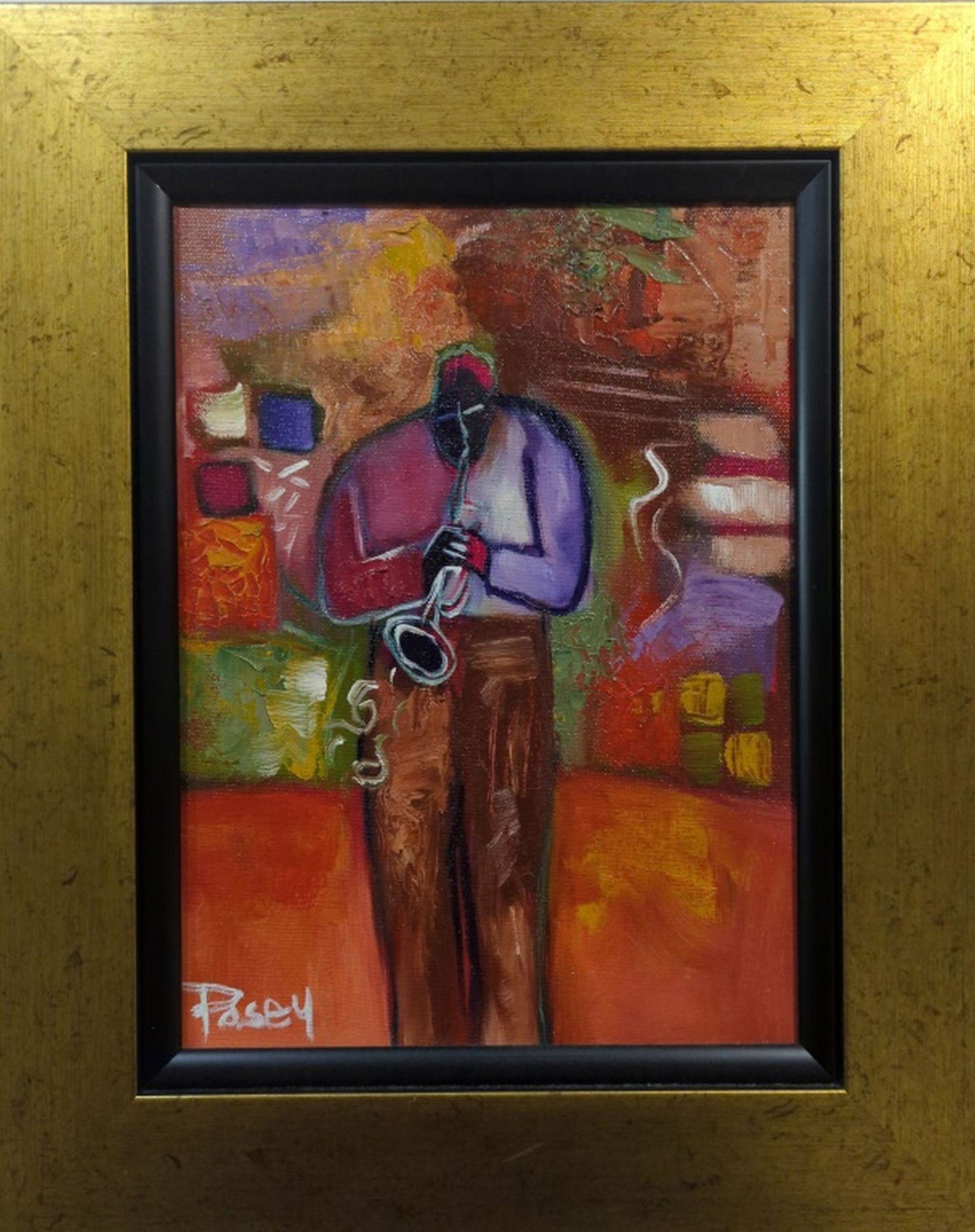 Marvin Chico Posey Original "Trumpeter" Canvas: Colorful and exciting original painting by the famous Marvin Chico Posey. Title: Trumpeter. Medium: Acrylic on canvas. Image Size: 12 x 9 in.. Frame size: 16 x 13 in. Signature: lower left. Circa: 199