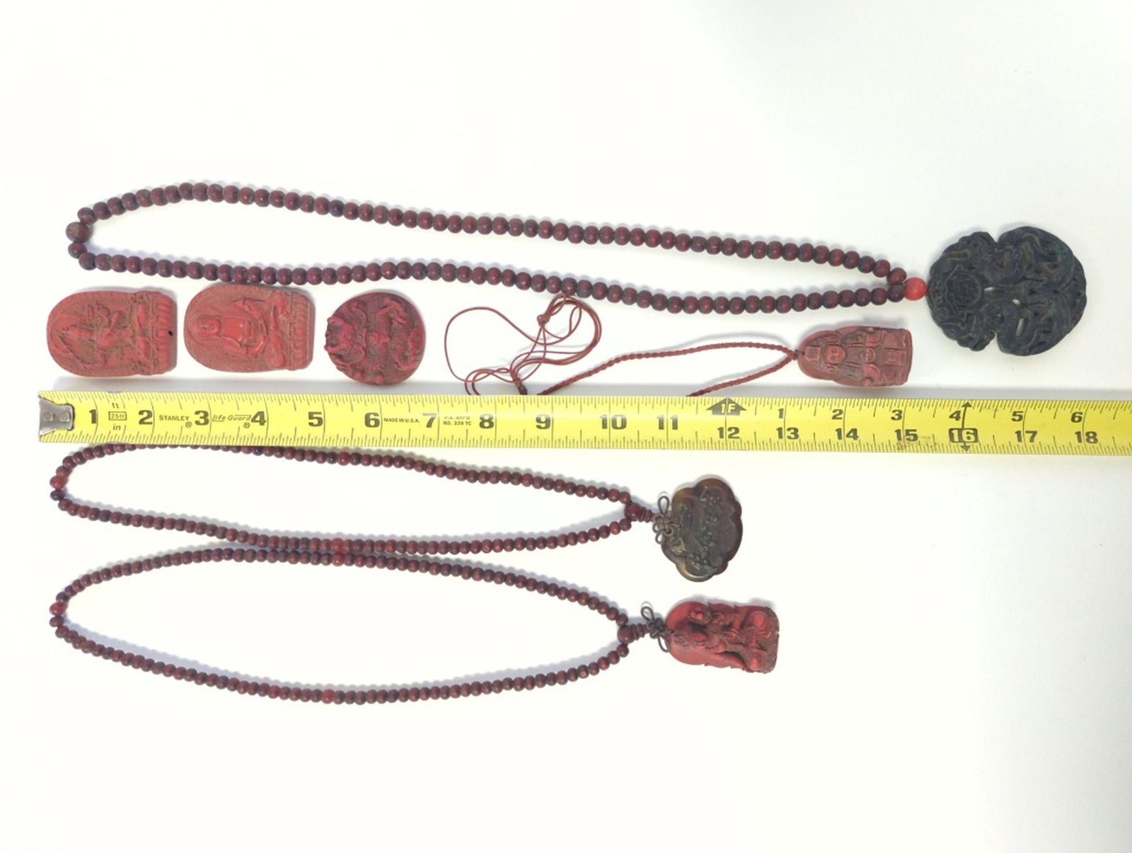 Antique Chinese Carved Necklace & Pendants: Beautifully hand carved necklaces and pendants. Fantastic antique Chinese jewelry. Very good condition with no visible chips or cracks. Be sure and view all pics for condition. Congratulations to the 