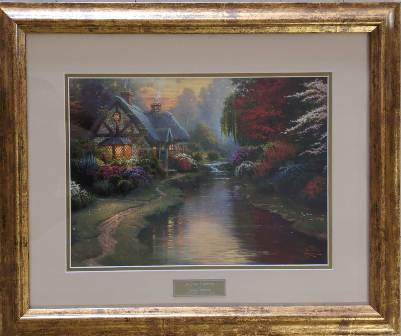 Thomas Kinkade "A Quiet Evening" COA: Lovely and pleasant art from American Artist Thomas Kincade. Image Size: 11 x 15 in. Frame: 19 x 23 in. William Thomas Kinkade III was an American painter of popular realistic, pastoral, and idyllic s