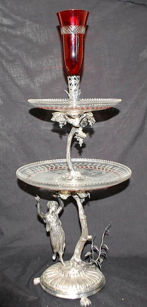 059: VICTORIAN FIGURAL SILVER PLATE CENTERPIECE: LADY WITH TAMBOURINE, GRAPEVINE HOLDING GLASS TRAYS