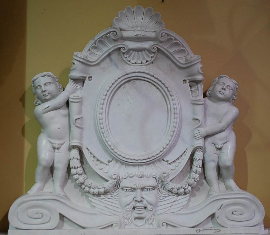 CHERUB AND NORTHWIND CARVED MARBLE FOUNTAIN BACK: BACKPLATE FOR WALL FOUNTAIN, DEEP CARVINGS, 44"W, 6"D, 41"TALL