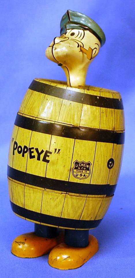 J. CHEIN WINDUP POPEYE IN BARREL: COPYRIGHT 1932 KING FEATURES SYNDICATE INC