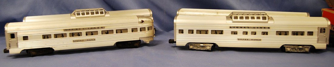 4 VINTAGE LIONEL 'O' ALUMINUM TOUR CARS W/BOXES: 2531 2532 (2) 2534 ILLIMINATED ALUMINUM RAIL CARS