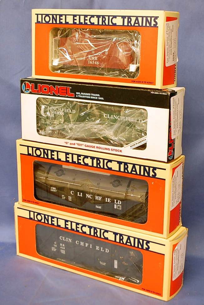 034: FOUR LIONEL CLINCHFIELD TRAIN CARS: CRR CABOOSE #16546, CLINCHFIELD CUSHION CAR #9790, GONDOLA WITH COIL COVERS #16367, FOUR BAY HOPPER WITH SIMULATED COAL #16413