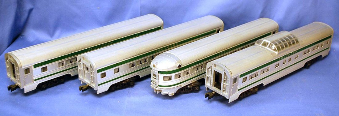 038: FOUR LIONEL SOUTHERN ILLUMINATED PASSENGER CARS: RICHMOND, CHARLOTTE, CHATTANOOGA, SAVANNAH