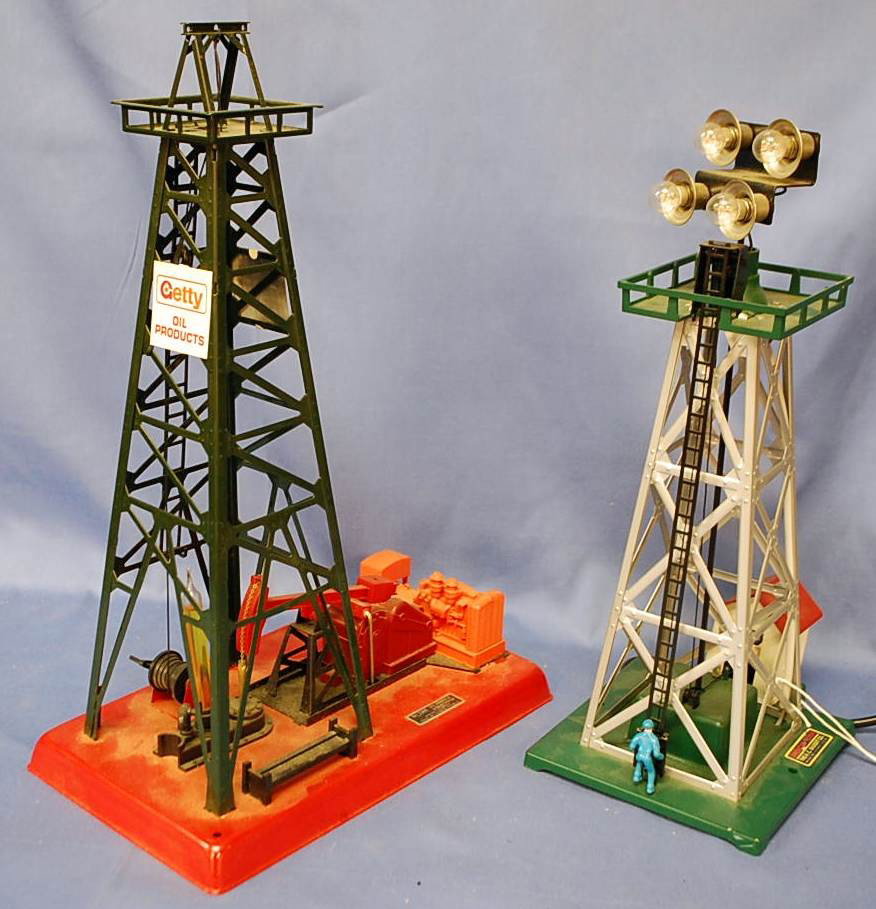 LIONEL OIL DERRICK & AMERICAN FLYER LIGHT TOWER: LIONEL #2305, AMERICAN FLYER TOWER BY A C GILBERT CO