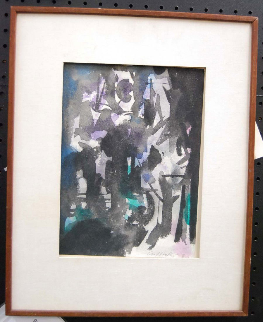 CARL WALTER LINER ABSTRACT WATERCOLOR: LISTED ARTIST (1914-1997) WITH SALES UP TO $32,784. SIGNATURE AND DATE 55 IN LOWER RIGHT CORNER. MEASUREMENTS ARE: 9 INCHES WIDE AND 12 INCHES TALL, ADD 3.25 INCHES FOR FRAME
