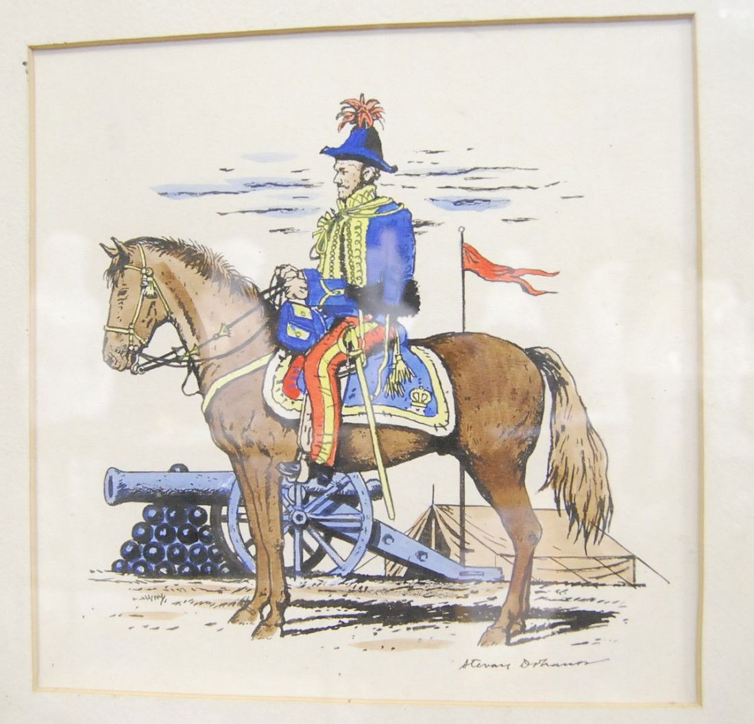 MILITARY WATERCOLOR BY STEVAN DOHANOS: LISTED ARTIST (1907-1994) WITH SALES UP TO $20,000us. HORSEBACK OFFICER AT THE HEADQUARTERS. MEASUREMENTS ARE 9 INCHES BY 9 INCHES, PLEASE ADD 4 INCHES FOR TOTAL OUTSIDE DIMENSIONS.