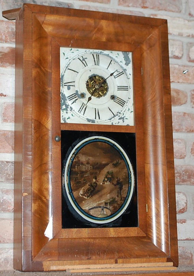 011: SETH THOMAS OGEE MANTEL CLOCK: CAME FROM HARVE ALLEN WHO MARRIED INTO THE KING FAMILY OF CHEROKEE CO GEORGIA, REVERSE PAINTED SLEIGH RIDE ON GLASS, 15.5"W, 4.5"D, 25.5"TALL