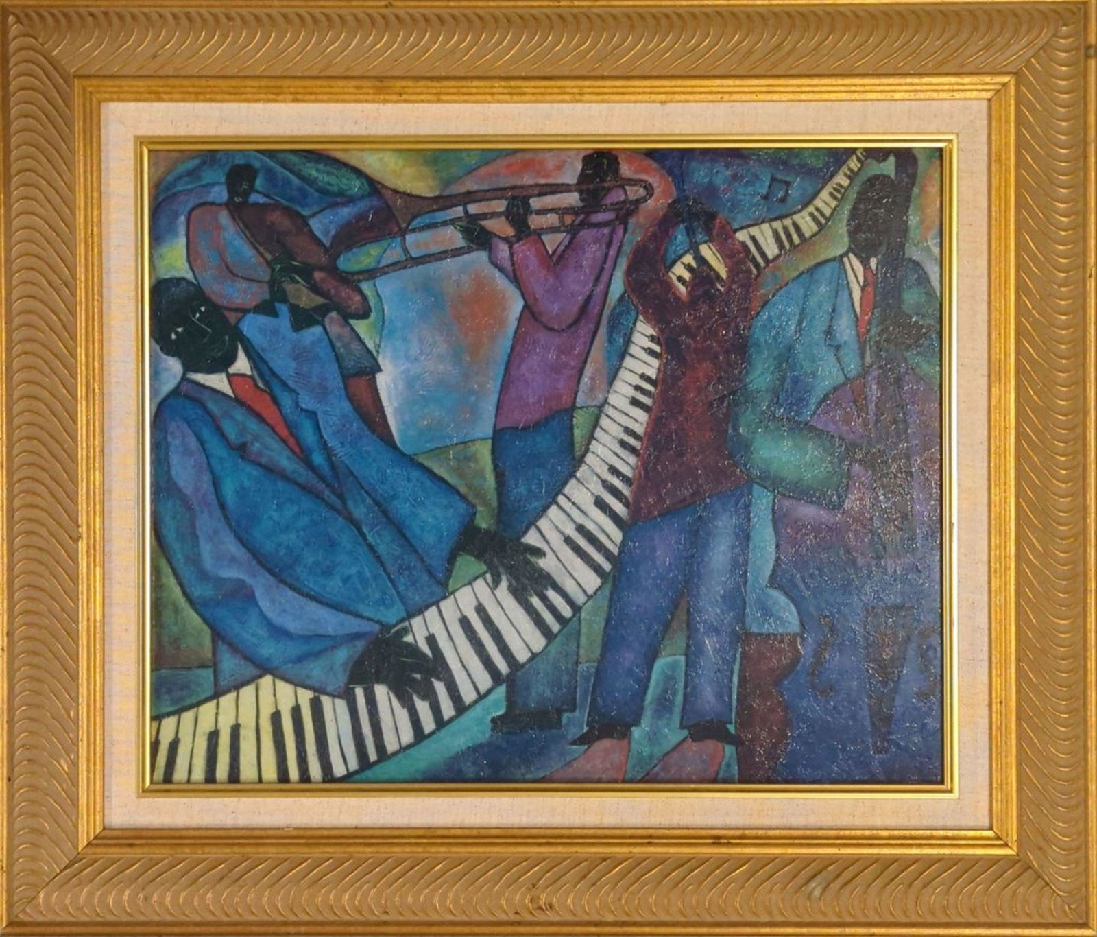Marvin Chico Posey Original "Quintet" 16 x 20": Colorful and exciting original painting by the famous Marvin Chico Posey. Title: Jazz Quintet. Medium: Acrylic on board. Image Size: 16 x 20 in.. Frame size: 23 x 27 inches. in. Circa: 1995. Edition: