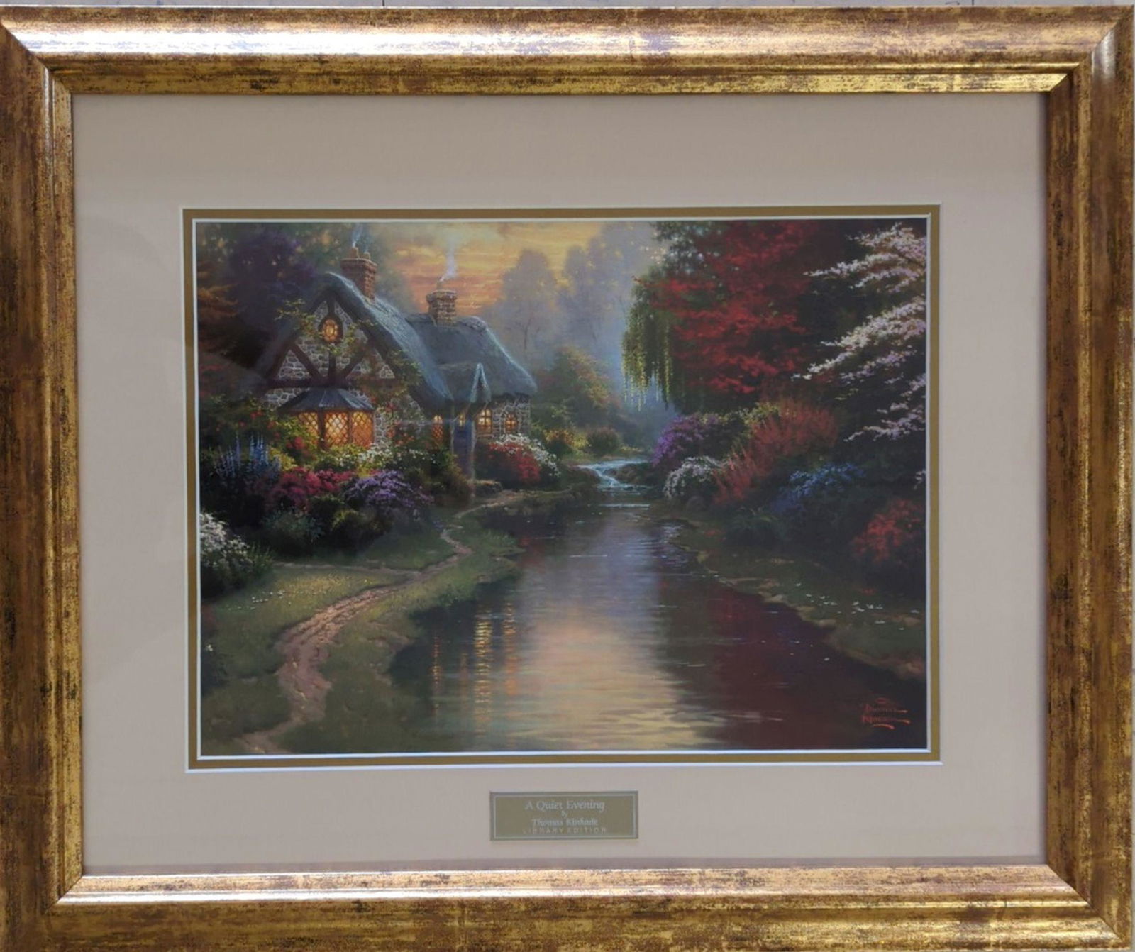 Thomas Kinkade "A Quiet Evening" COA: Lovely and pleasant art from American Artist Thomas Kincade. Image Size: 11 x 15 in. Frame: 19 x 23 in. William Thomas Kinkade III was an American painter of popular realistic, pastoral, and idyllic s