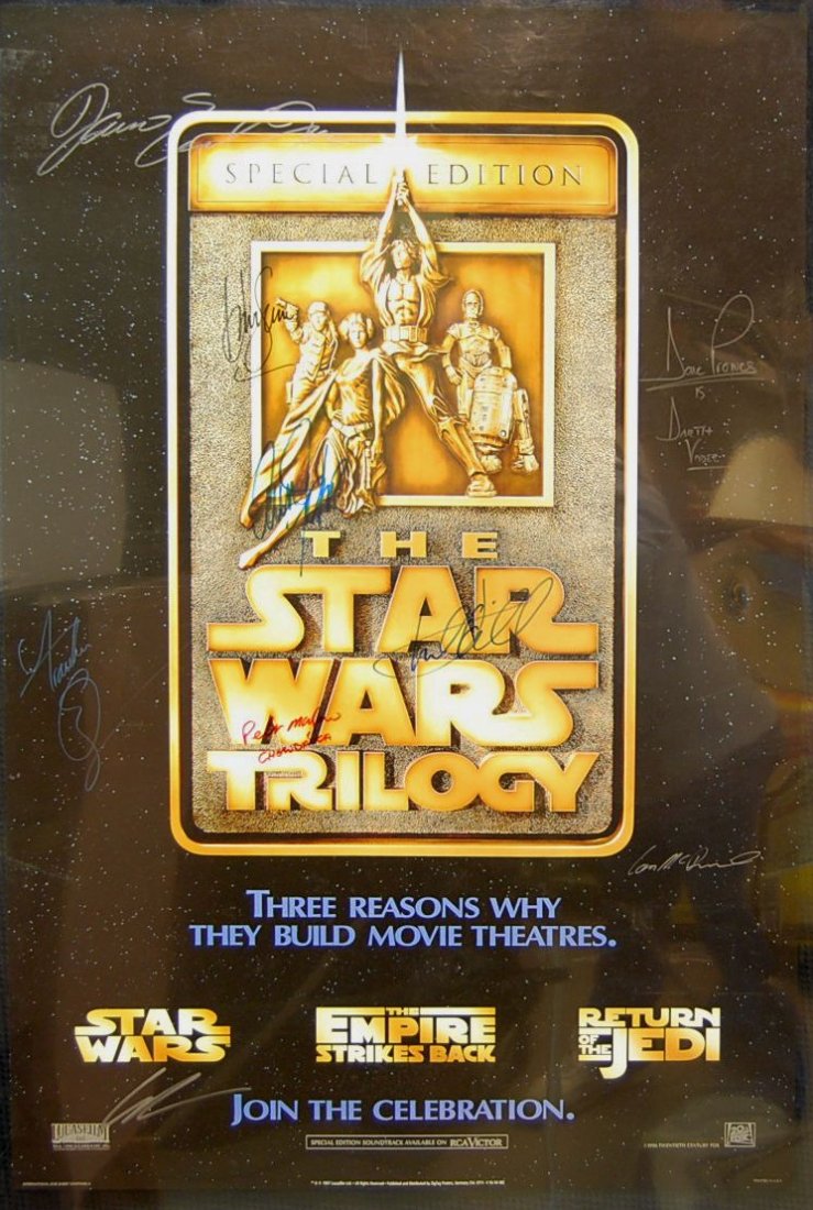 Autographed Star Wars Trilogy One Sheet: Star Wars Trilogy one sheet autographed by cast...Harrison Ford, Mark Hamill, Carrie Fisher, Dave Prowse, Peter Mayhew, Frank Oz, Ian McDiarmid, James Earl Jones, George Lucas