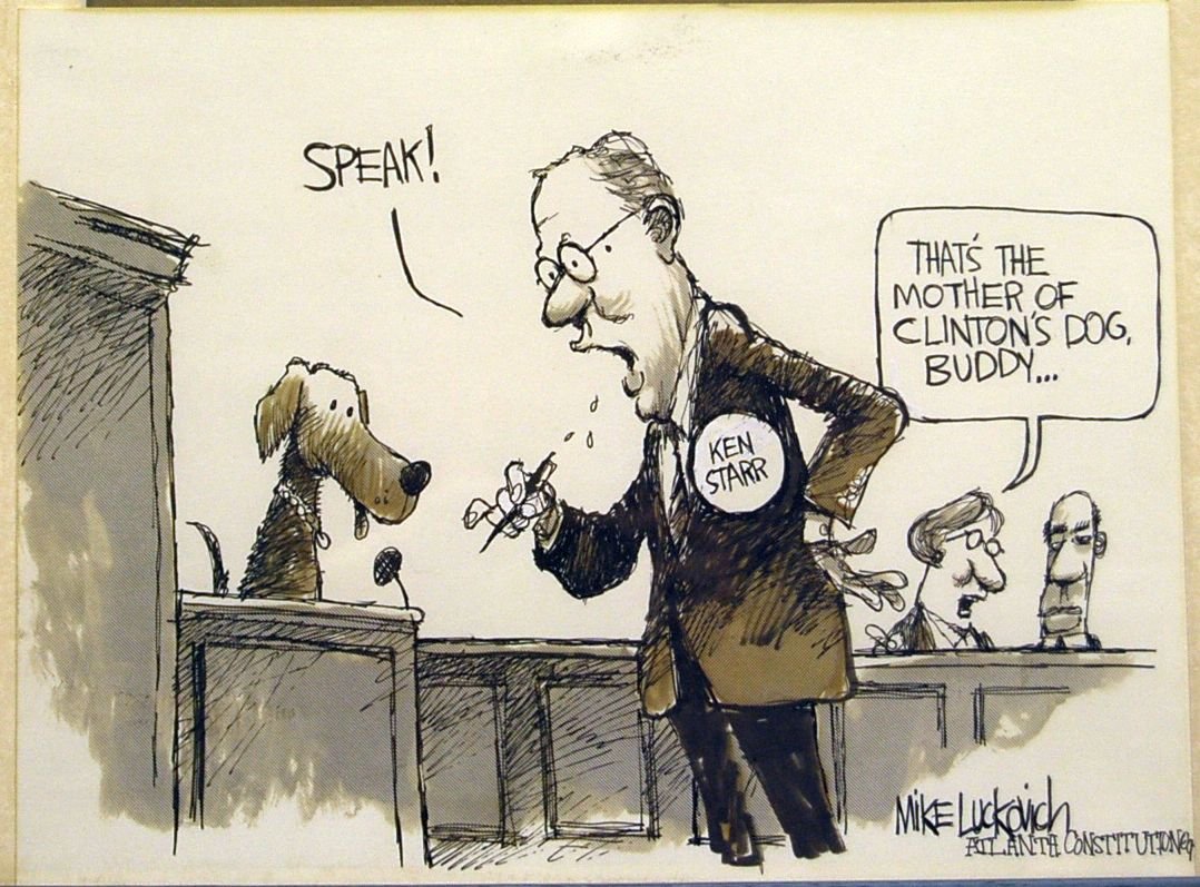 Mike Lockovich Cartoon Ken Starr-Clinton's dog's m: Cartoon sketch by Mike Lockovich of Ken Starr questioning Clinton's dog Buddy's mother on the stand.