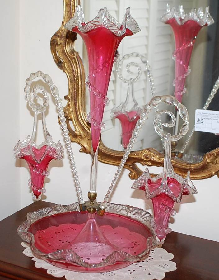 003: CRANBERRY HANGING BASKET EPERNGE: TWO HANGING BASKETS, CENTER FLUTE WITH APPLIED GLASS SWIRLS,16"W, 13"D, 21"TALL