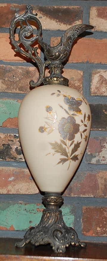 017: PAIR OF VICTORIAN EWERS: FLORAL HAND PAINTED SATIN FINISH, RAMS HEAD HANDLES, 5.5"W, 7"D, 20"TALL