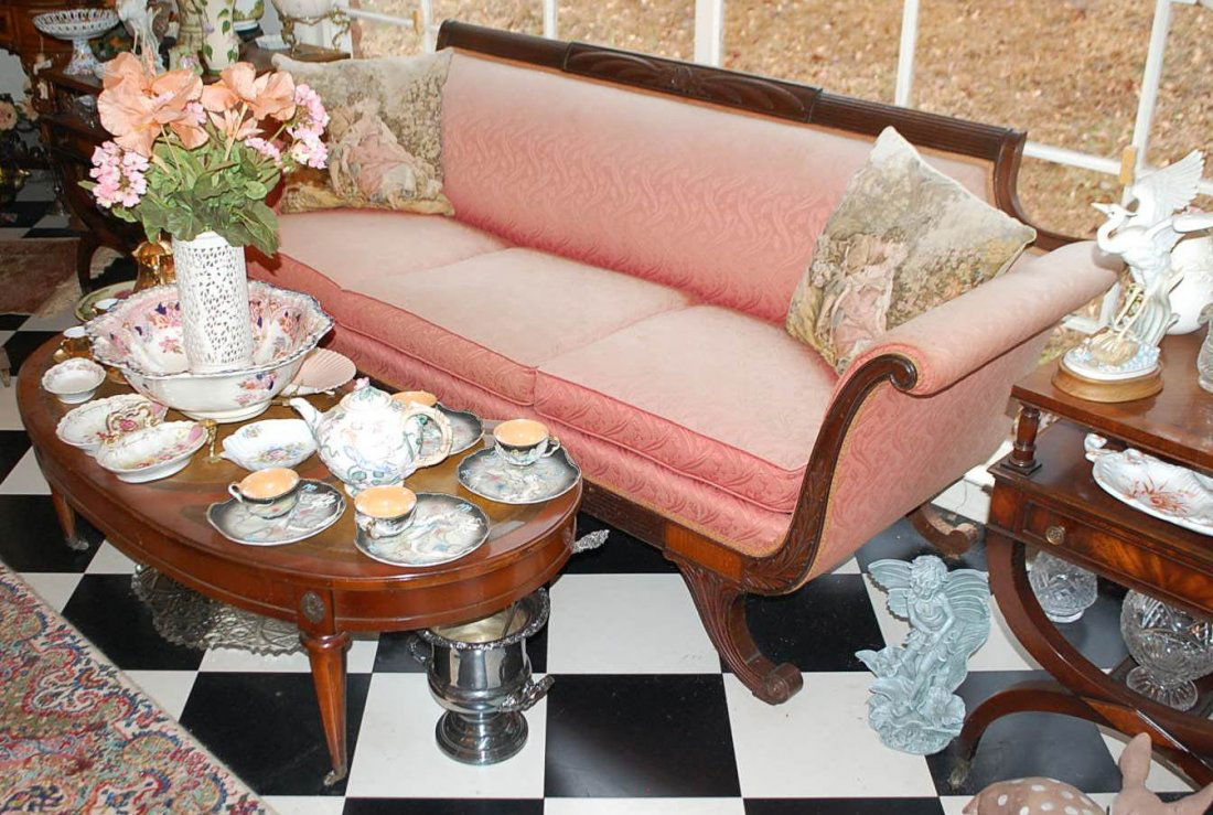 064: DUNCAN PHYFE STYLE SOFA: WHEAT SHEATH CREST, SCROLLED LEGS, 84"W, 32"D, 32"TALL