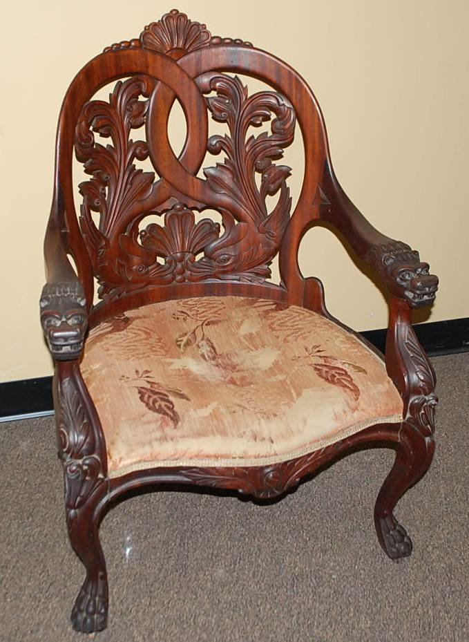 038: AMERICAN EMPIRE LION HEAD CLAW FOOT CHAIR: PIERCED CARVED BACK CA 1890