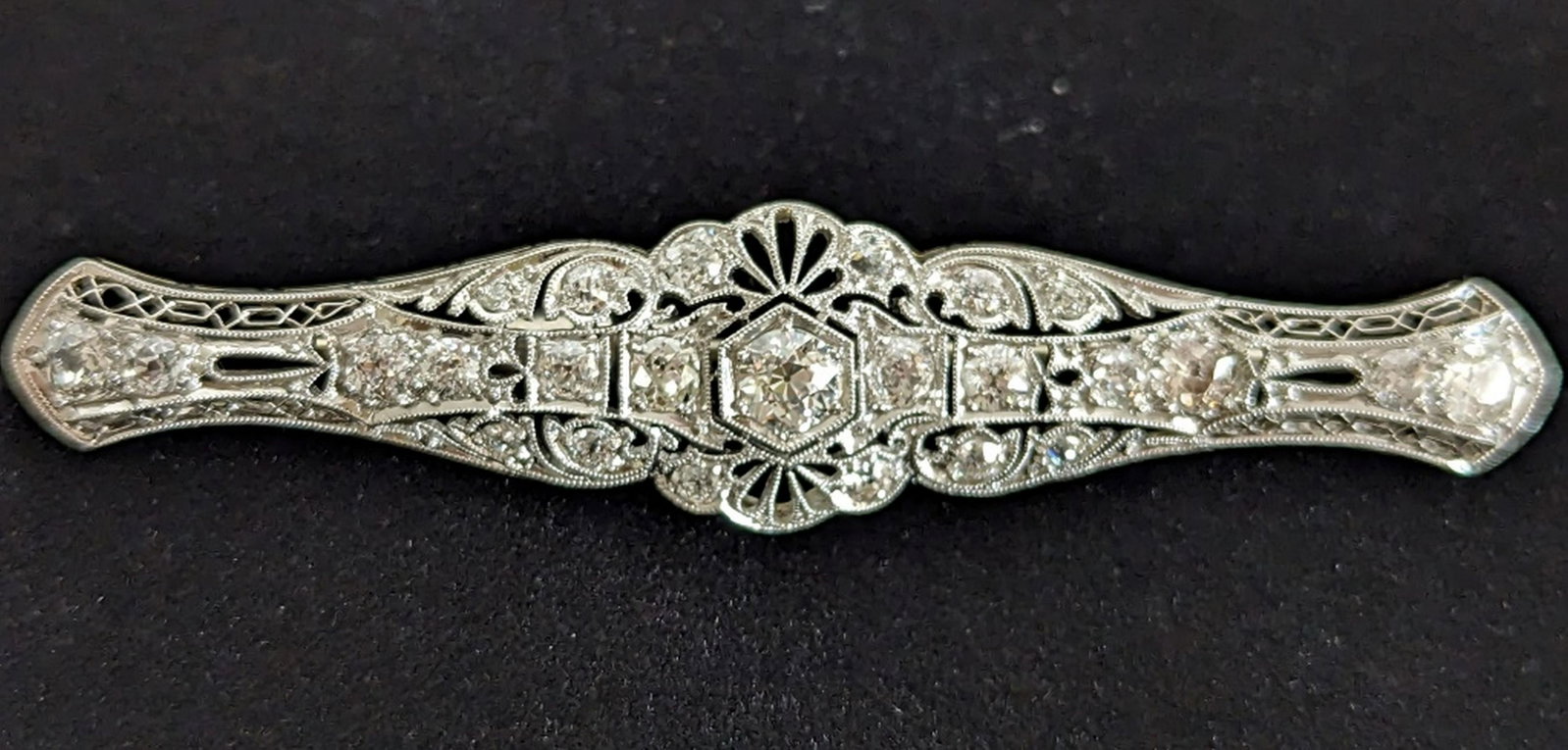 Edwardian 18K Gold & Diamond Pin: You are viewing an outstanding, spectacularly crafted 18K Gold and Diamond pin from the Edwardian era. Superb antique jewelry. The diamonds are Euro cut and exceptionally bright G-H in color and VSI -