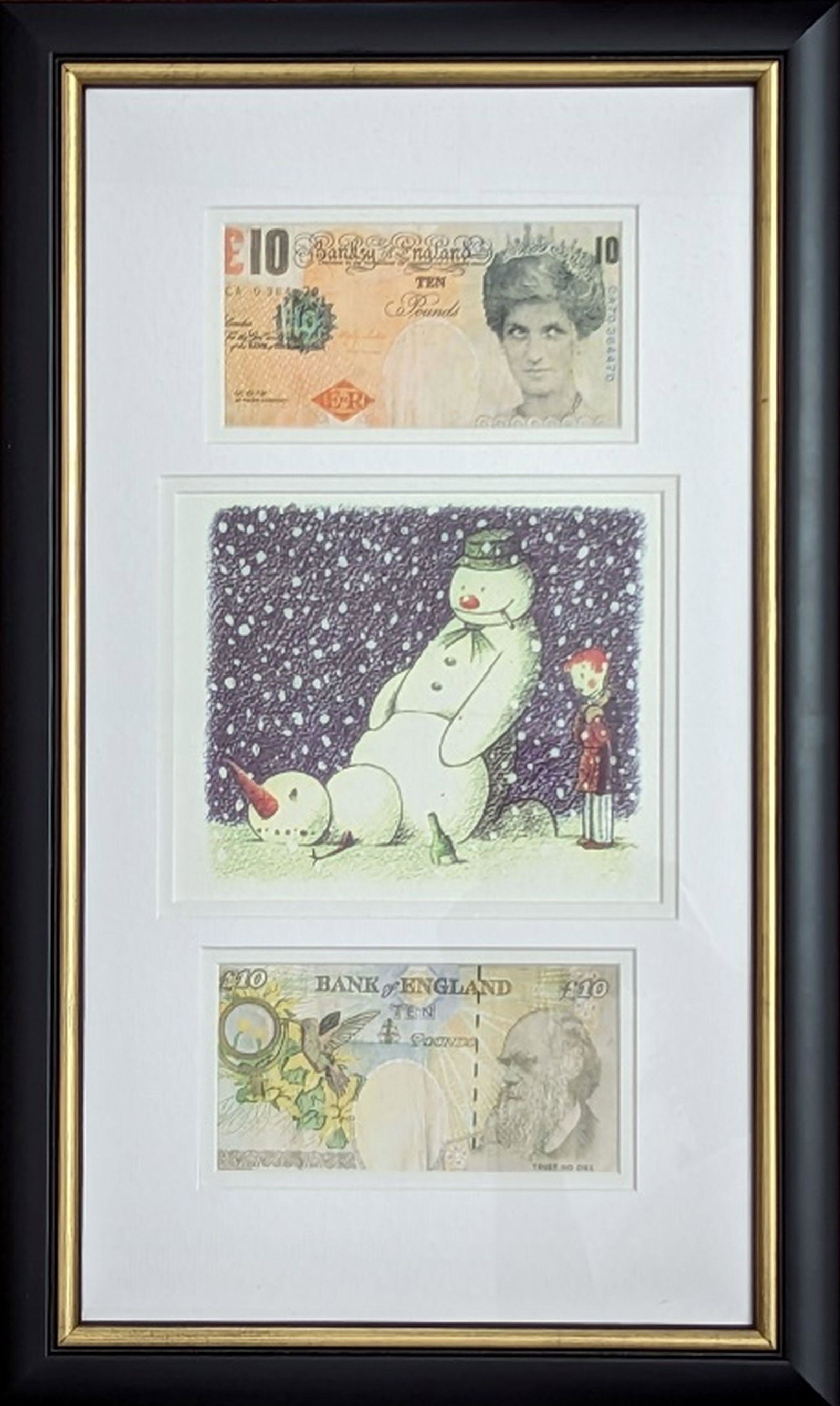 2 DiFaced Banksy Teners & Rude Snowman Card: Awesome 3 piece offset lithograph Banksy set with 2 Difaced teners and Banksy Rude Snowman Christmas card! The Snowman card is From the 2005 Santa’s Ghetto pop-up. The Difaced teners Created and