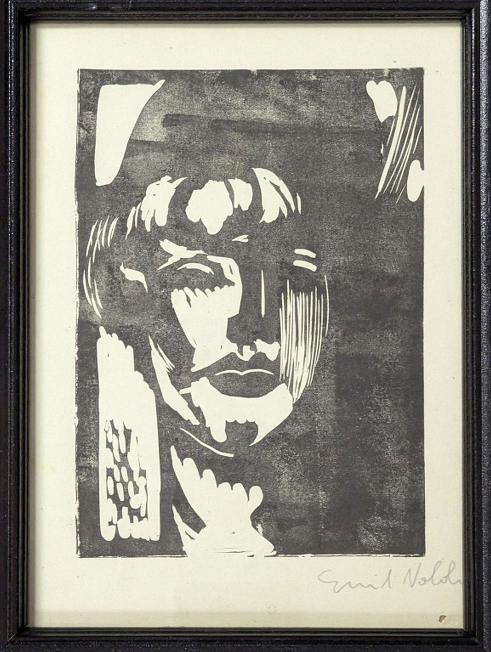 Emil Nolde Signed Woodblock "Blonde Frau": Dark and mysterious Blonde Frau from 1917 woodblock print hand signed Emil Nolde . Signature is in pencil. Image size: 8.5 x 6 in. Frame: Emil Nolde was a German-Danish painter and printmaker. He was
