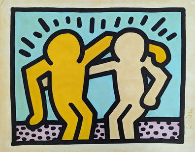 Rare Keith Haring "Best Buddies", 1990, Signed: Fantastic and rare lithograph of Best Buddies by Keith Haring in 1990. Hand signed Keith Haring lower right. Medium: Lithograph on heavy paper. Paper size: 12 x 16 in. Condition: Very good overall app