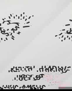 Keith Haring "Radiant Baby" Hand Signed: This hand signed piece is from a rare exhibition catalogue for an important Haring exhibit in Italy at the height of his career. Title: Cover Page from Lucio Amelio Gallery Catalogue. Year: 1983. Pape