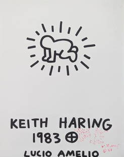 Keith Haring "Radiant Baby" Hand Signed: This hand signed piece is from a rare exhibition catalogue for an important Haring exhibit in Italy at the height of his career. Title: Cover Page from Lucio Amelio Gallery Catalogue. Year: 1983. Pape