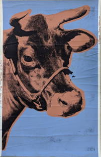 Rare. Andy Warhol "Cow" 1971, Signed: Super large and rare Andy Warhol Cow from the Whitney Museum Exhibition in 1971. Paper size: 44.5 x 29.75 inches. This piece is signed Andy Warhol in blue ink Medium: Wallpaper on paper. Condition: