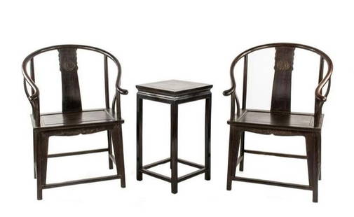 Important 18thc Chinese Zitan Wood Chairs & Table: Museum quality we offer you this Pair of matching armchairs and side table made from highly desirable Zitan wood. Circa 1850 this set is in amazingly good condition, heavy, sturdy, and ready to be the