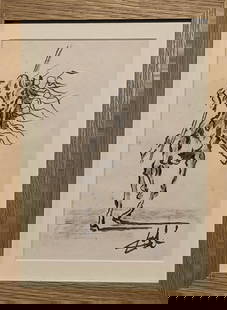 Original Drawing, Signed Dali, "Indian on Horse": This original drawing in the manner of the unmistakable Salvador Dali. Fantastic action drawing of a native American with spear in hand charging ahead on his horse! We base this attribution on the sam