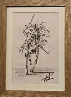 Original Drawing, Signed Dali, "Indian on Horse": This original drawing in the manner of the unmistakable Salvador Dali. Fantastic action drawing of a native American with spear in hand charging ahead on his horse! We base this attribution on the sam