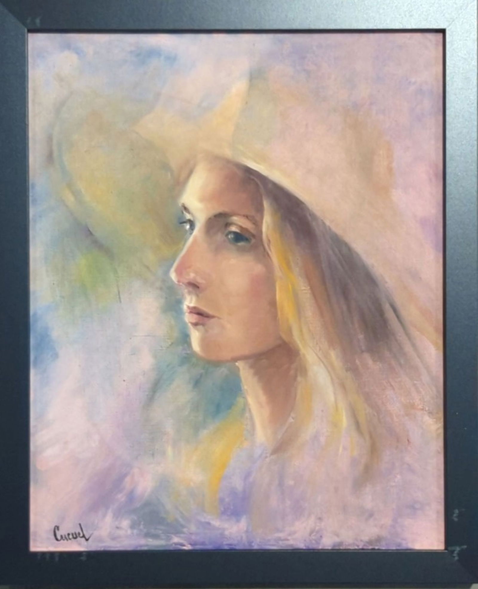 Original in Manner of Edward Cucuel, Canvas: Lovely and soft portrait in the manner of the famous American artist Edward Cucuel! We base this attribution on the same medium, style, complexity, and signature as used by Cucuel. Medium: Oil on Canv