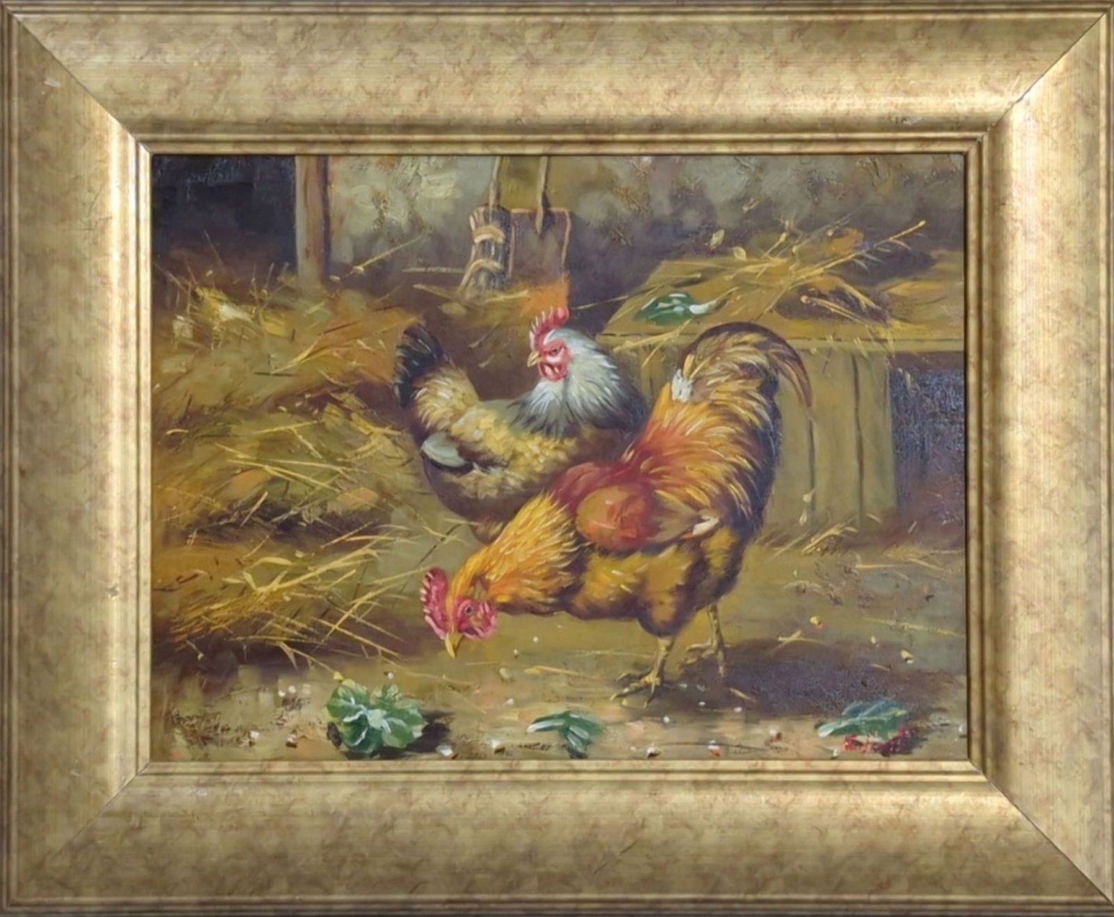 Original in Manner of Edgar Hunt, Canvas: Original painting of chickens from the famous livestock painter Edgar Hunt! Everybody likes chickens! We base this attribution on the same medium, style, complexity, and signature as used by Hunt. Med