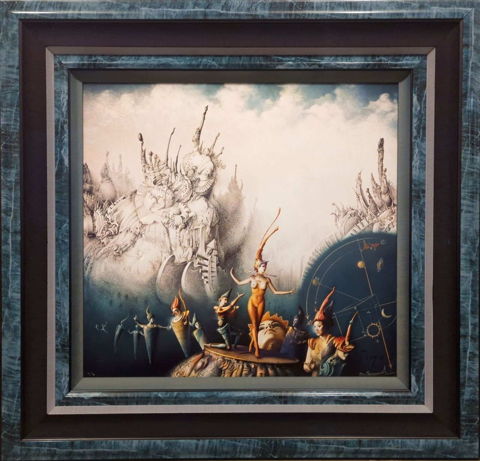 Gil Bruvel Ltd Litho "What Time Is It" 46 x 48": Large and spectacular limited edition lithograph by Gil Bruvel. Title: What Time Is It? 1991 Lithograph Gil Bruvel. Very low edition number. 11/30 Signed by Artist. Image size: 31 x 33 in. Museum qual