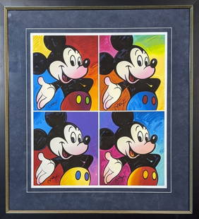 Peter Max 4 Mickey Mouse Set: Fantastic Peter Max 4 print set of the iconic Mickey Mouse. Each signed in the plate in the lower right corner. Condition: Excellent. Art: 14 x 14 in. Frame: 22 x 22 in. Congratulations to the winning