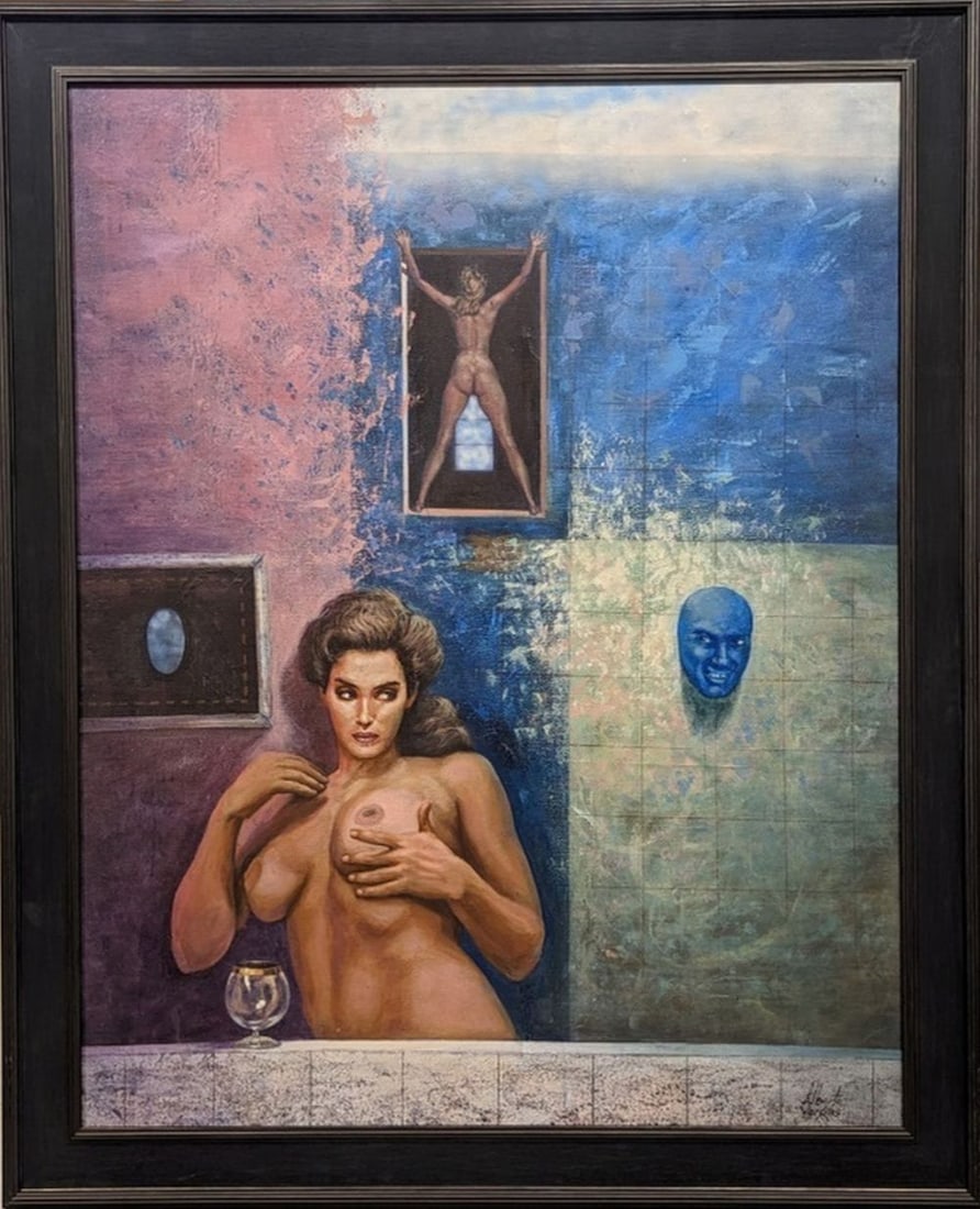 Original in Manner of Albert Vargas 44 x 35": Exotic richly colored, surrealist style, original in the manner of the famous Peruvian-American artist Alberto Vargas! We base this attribution on the same medium, style, complexity, and signature as