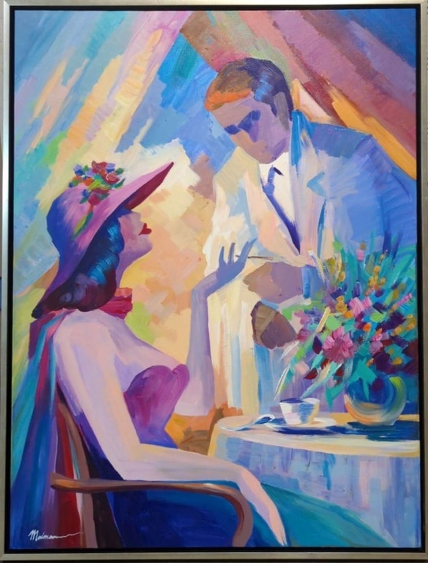 Original in Manner of Isaac Maimon 40 x 32": Lady in the Cafe. This is an original painting in the manner of Israeli artist Isaac Maimon. It is not a giclee or any other reproduction. We base this attribution on the same medium, subject, signatu