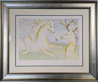 Dali "Fables Jean de la Fontaine" $14500: Action filled original lithograph Embossed intaglio of Salvador Dali painting Fables Jean de la Fontaine Suite. This is the E.A. Artist Proof. Comes complete with COA In addition an appraisal for $14,