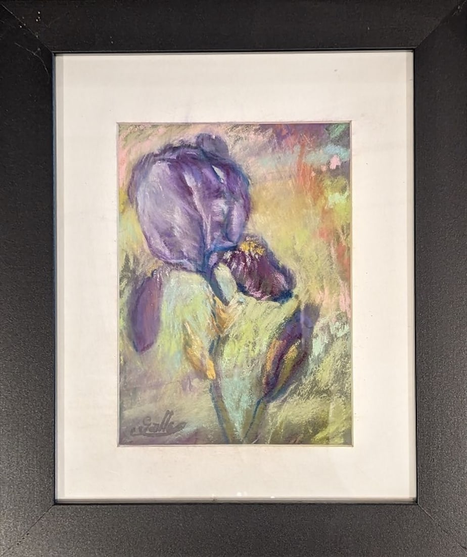 Original in the Manner of Emile Galle': Gorgeous purple bloom original pastel in the manner of Emile Galle. Pastel on paper. Edition: Original, unique work of art. Image: 7.5 x 5.5. Frame: 12.5 x 10.5. Condition: Very good. Emile Galle was 