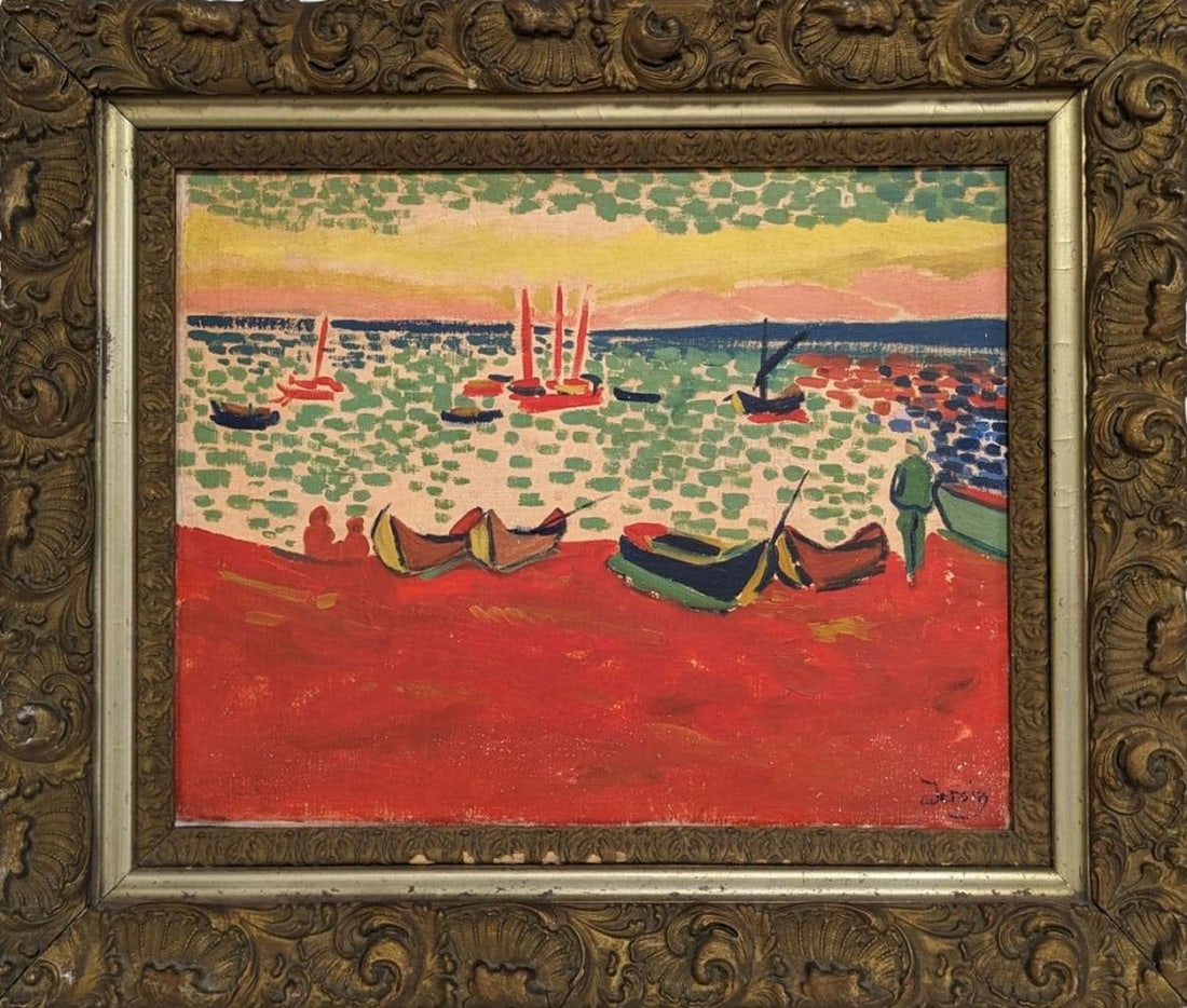 Original in the Manner of Andre Derain, Canvas: Bright and lively shoreline with boats and figures original painting in the manner of Andre Derain! We base this attribution on the same medium, style, subject, complexity, and signature as used by De