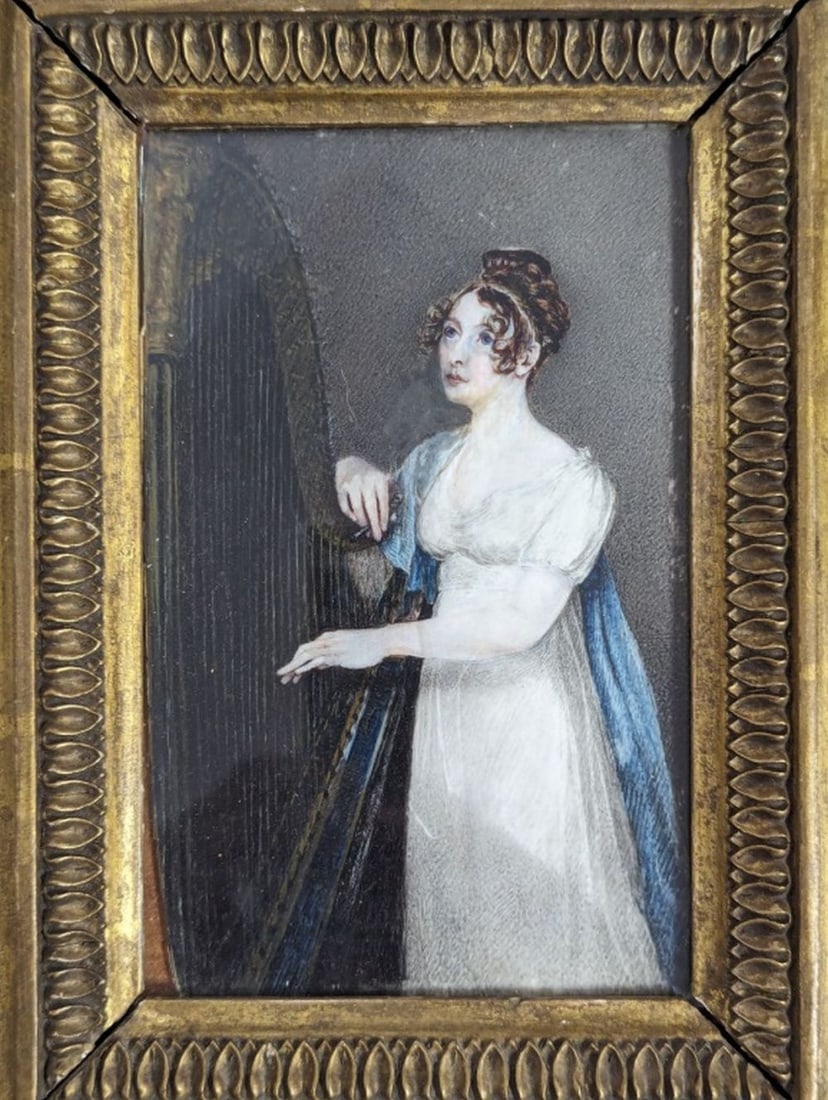19th Century Original Oil Young Lady Playing Harp (1 of 9)