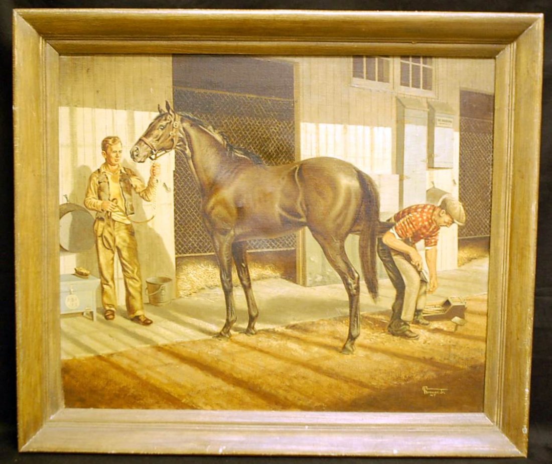 045: ALLEN F. BREWER JR. FAMOUS HORSE FERRIER PAINTING: OIL ON CANVAS SIGNED AND DATED BY ALLEN F BREWER JR DATED 1947. LISTED HALL OF FAME THOROUGHBRED HORSE PAINTER (1921-1967)WHO MOVED TO LEXINGTON KENTUCKY IN 1947 WHERE THE LATE WILLIAM G HELIS SR WAS 