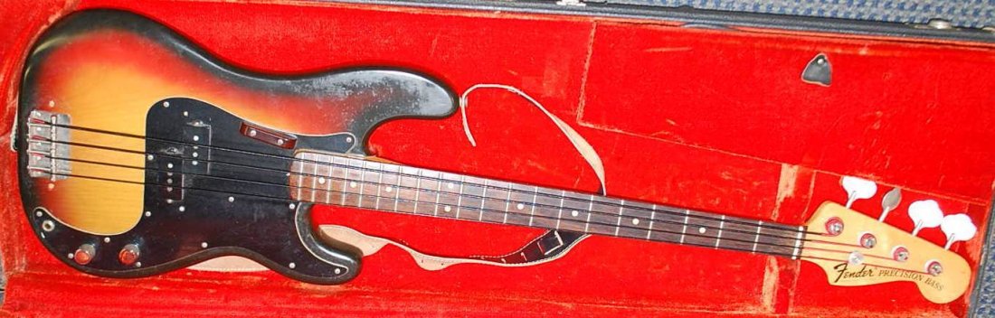 057: VINTAGE FENDER PRECISION BASS W/ORIGINAL CASE: ONE OWNER SINCE 1965 FENDER BASS GUITAR IN ORIGINAL CASE, NEW STRINGS, SERIAL NUMBER 500511