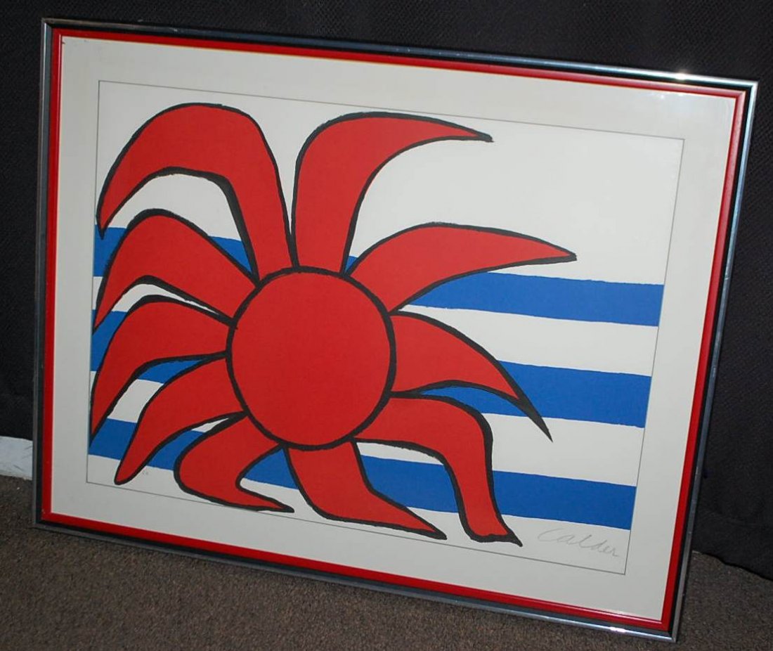 065: ALEXANDER CALDER SIGNED SUNBURST LITHOGRAPH: LITHOGRAPH WITH CERTIFICATE OF AUTHENTICITY FROM RENAISANCE GALLERY IN UNIVERSITY HILLS OH 10-31-88.30"W, 22"TALL PLUS 3"FRAME AND MATT