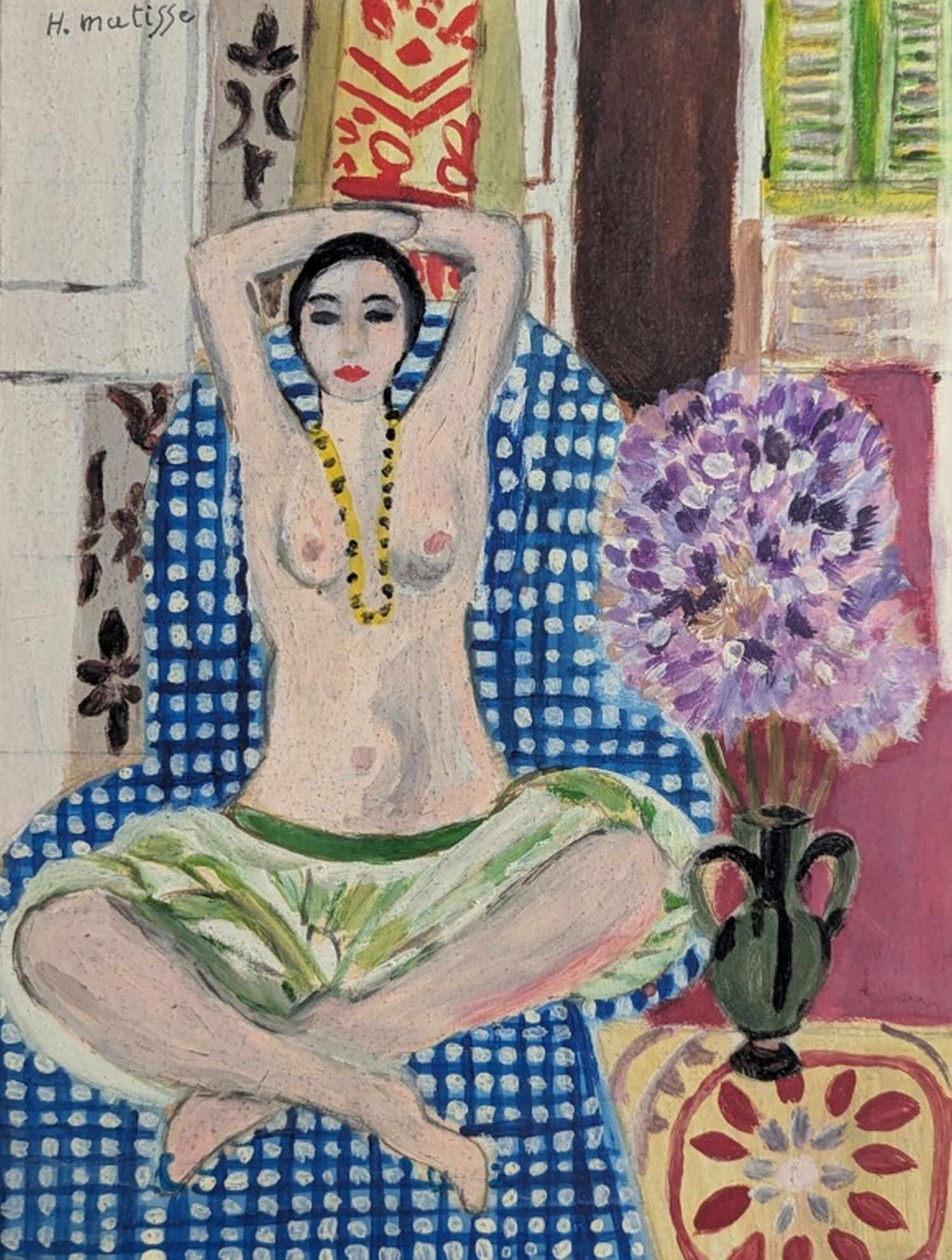 Original Nude in the Manner of Henri Matisse: Colorful nude, original painting in the manner of Henri Matisse! We base this attribution on the same medium, style, subject, complexity, and signature as used by Matisse. Medium: Oil on board. Condit