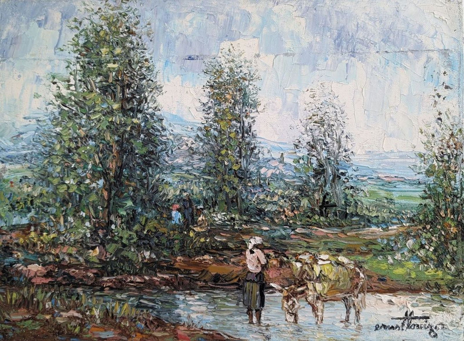 Ernst Louizor Original: Ernst Louizor (Haitian, 1938-2011) Original. Haitian landscape with young woman watering a mule in the forefront. Size: 12 x 16 in. Medium: Oil on canvas(Heavy Imposto). Signature: Lower right. Condit