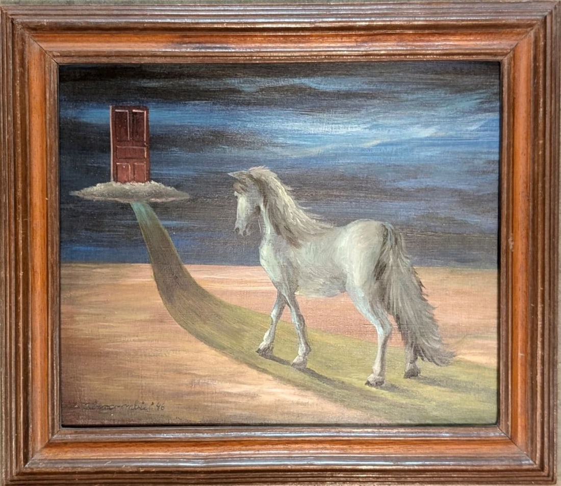 Original in the Manner of Gertrude Abercrombie: Spectacular original surrealist painting in the manner of the famous German/American artist Gertrude Abercrombie. Medium: Oil on Masonite. Condition: Very good overall appearance. Edition: Unique orig