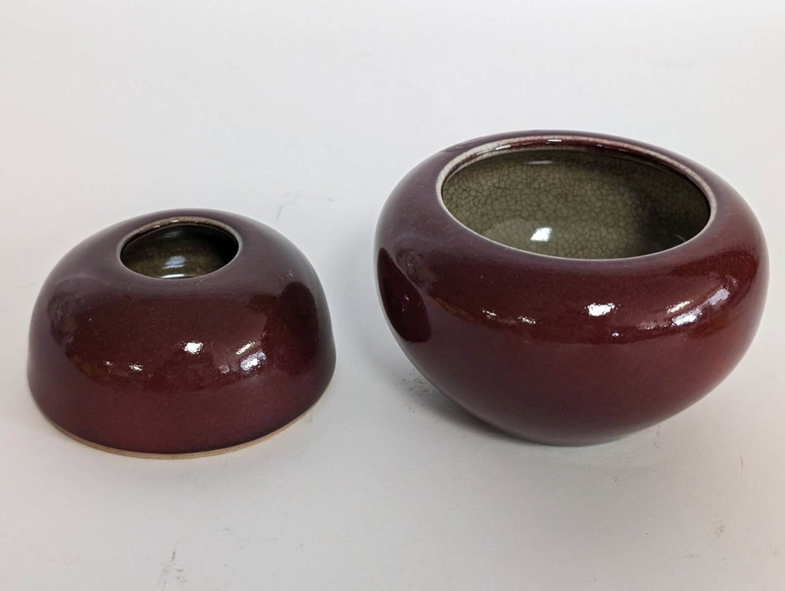 Antique Chinese Ox Blood Bowl & Brush Washer: Both fine ox blood porcelain Chinese pieces for one money! Bowl: 2.5H x 4.5W in. Brush Washer: 1.5H x 3.5W in. Very good condition. Please be sure to view all photos for condition. From a fine Chinese