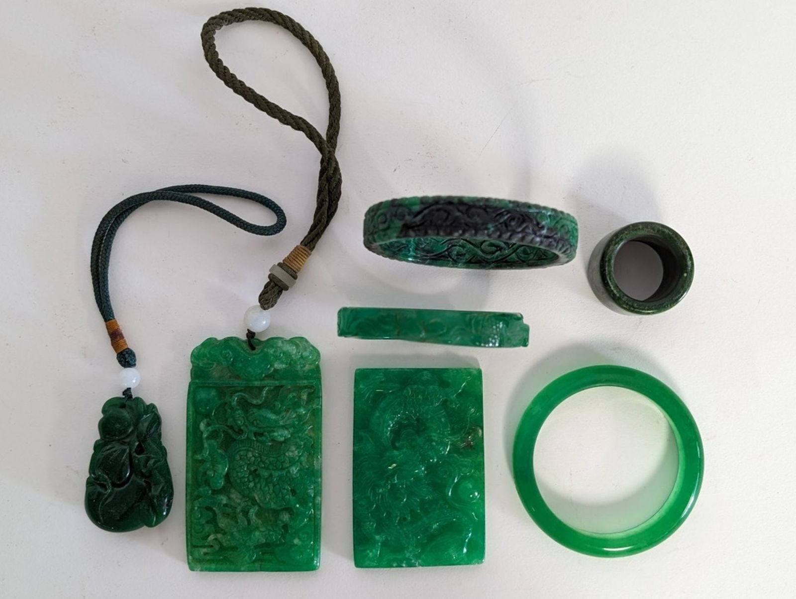Chinese Carved Green Stone Bracelets & Pendants (1 of 7)