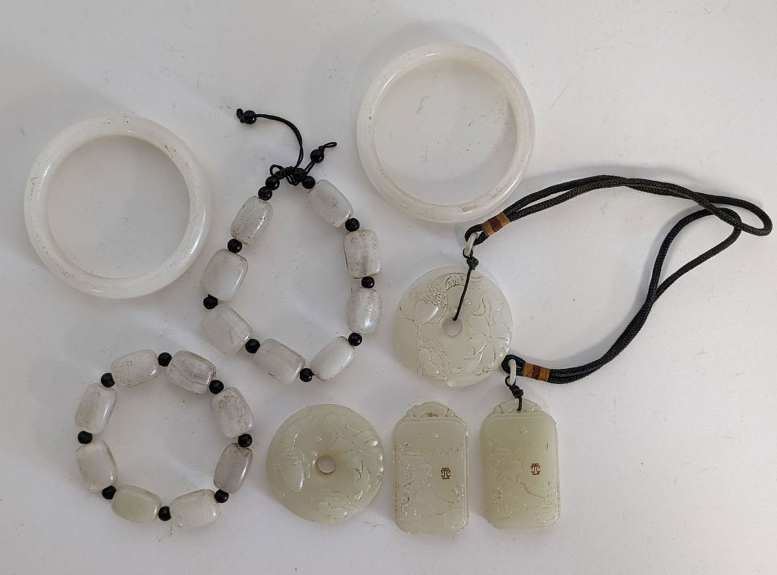 Chinese Carved White Stone Bracelets & Pendants (1 of 6)